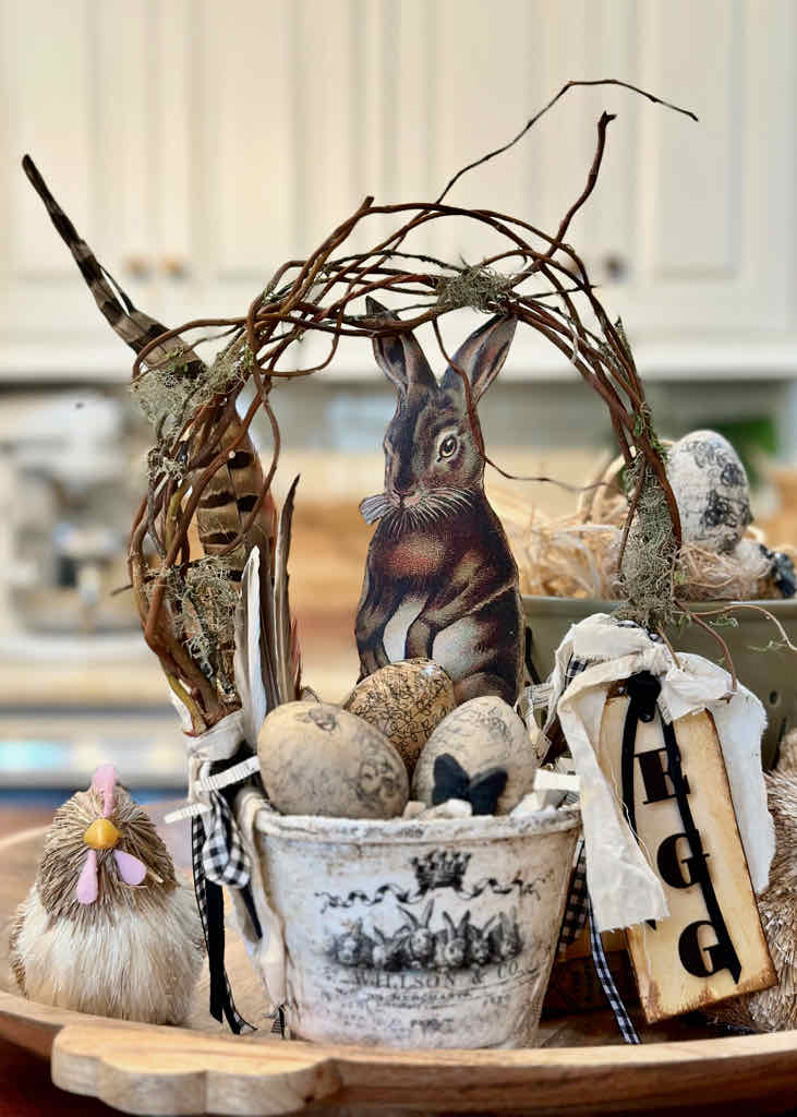 Easter Peat Pot in a vignette on the kitchen counter 