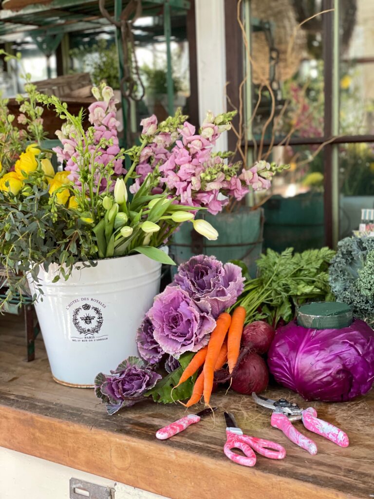 Fresh flowers and vegetables 