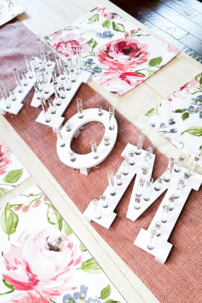 Sweet Pea flower arrangements-Mom letters with test tubes ready for flowers 