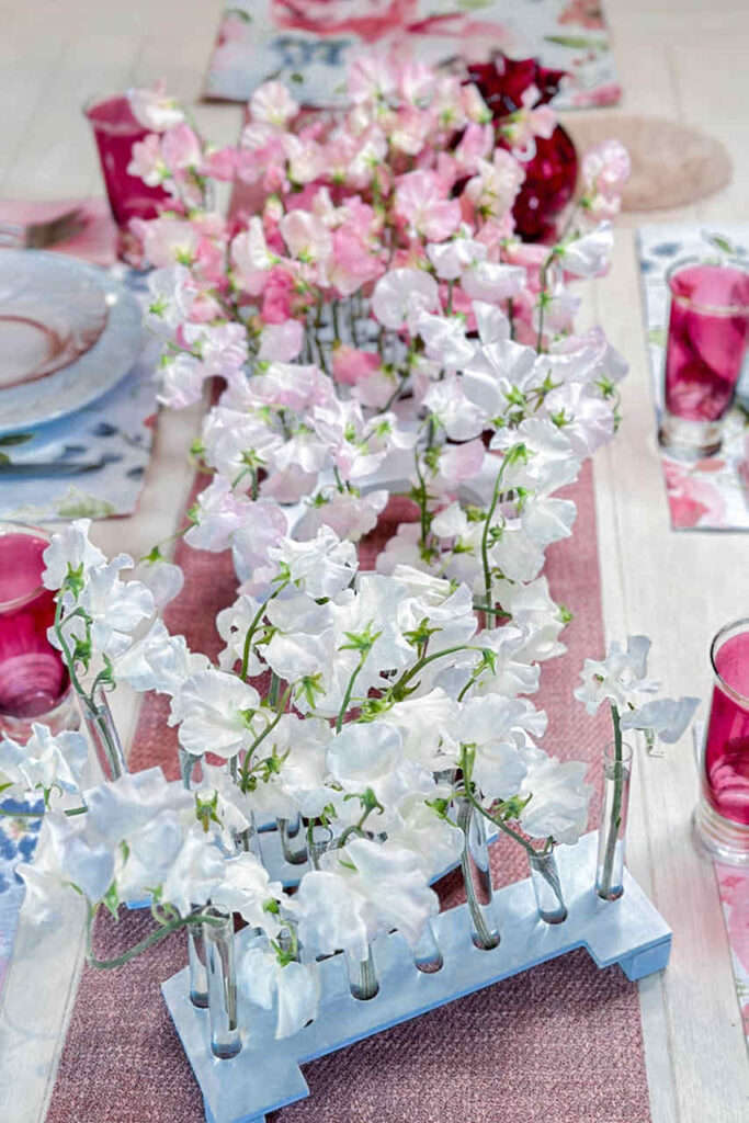 Sweet Pea flower arrangements-mom table center piece with pink and white sweet peas 