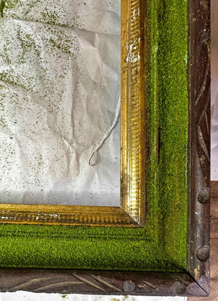 How to Make An Easy DIY Moss Frame Wall Art Gallery- a close up of the frame where I added a small sripe of green moss. 