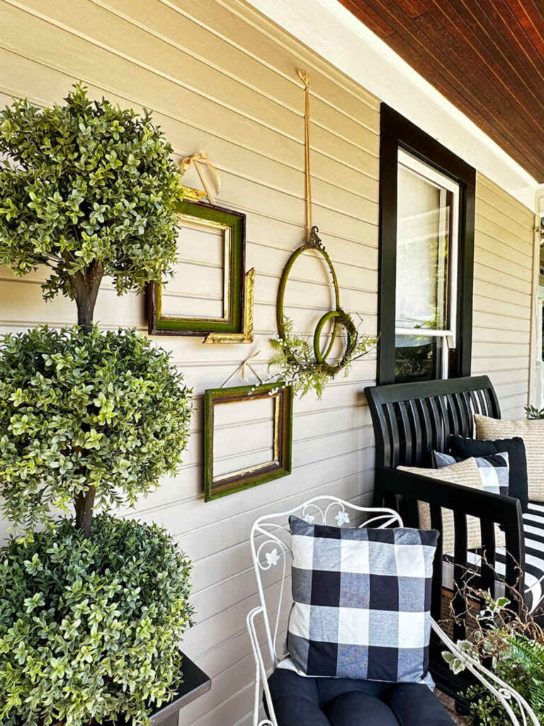 How to Make An Easy DIY Moss Frame Wall Art Gallery-Three upcycled picture frames using green moss. Hanging on a front porch wall