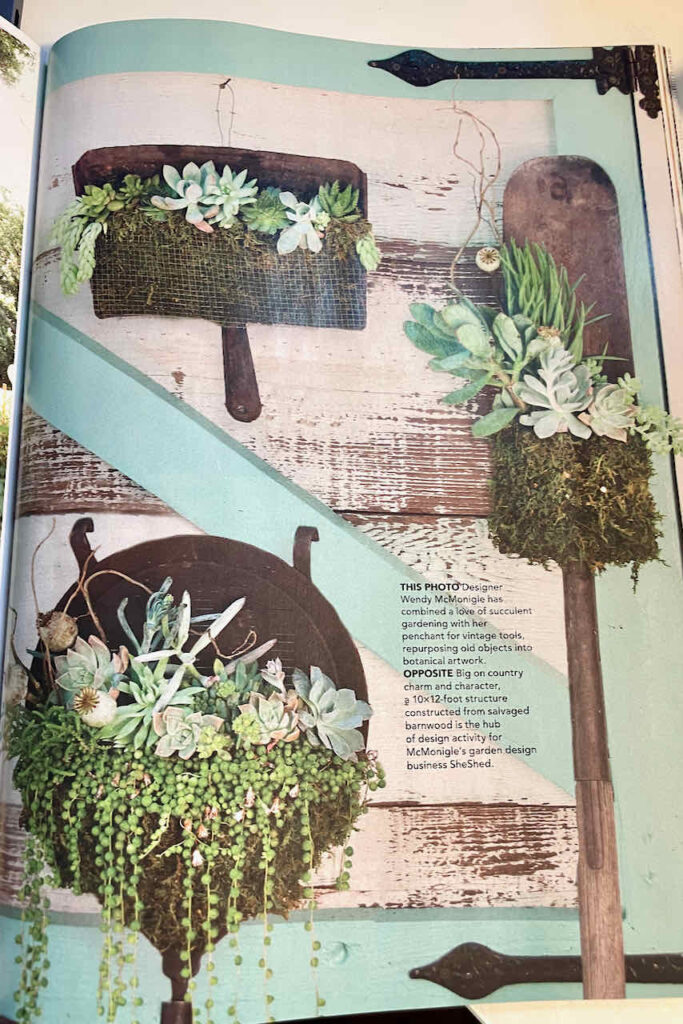 page from a better homes and gardens magazine featuring succulent planted vintage treasures found at the flea market. A dustpan, a strainer and a shovel.