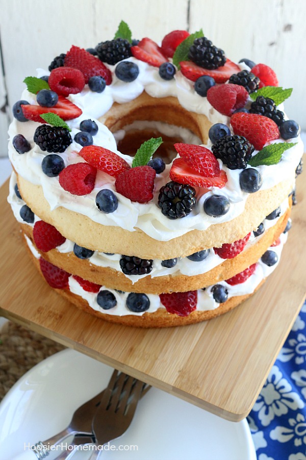 Angel food cake layered with blueberries and strawberries