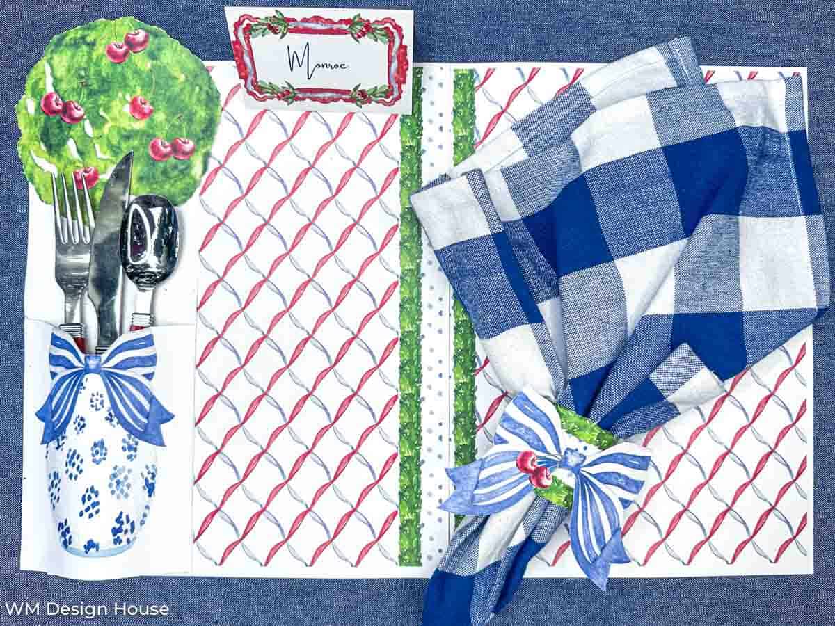 Dinner Party free printables- Custom designed place mat, napkin ring, place card and silverware holder in a red, white and blue Chinoiserie theme.