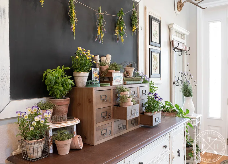 Entryway Cabinet filled with plants  and vintage treasures 