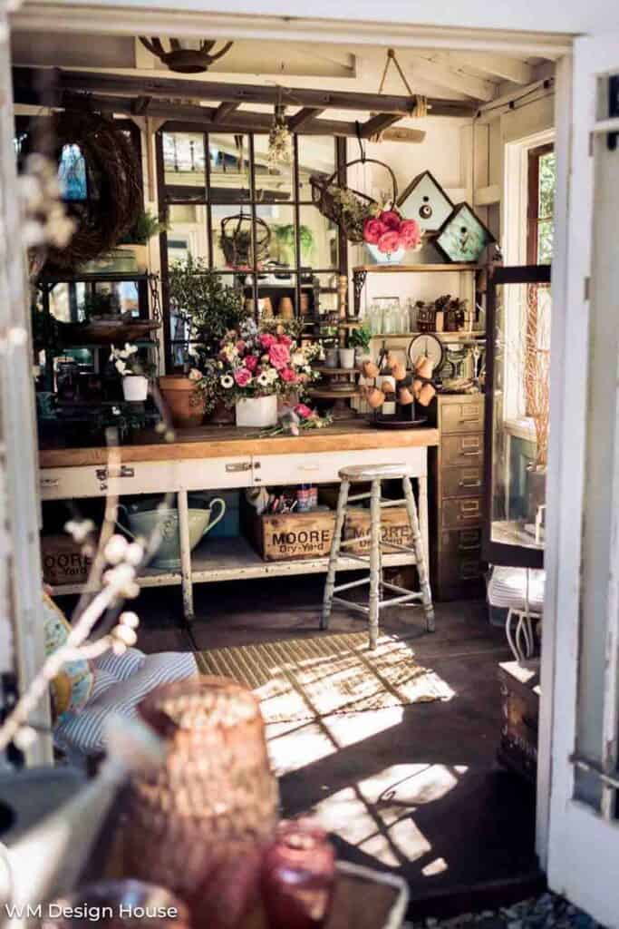 Indoors of the She-shed full of vintage treasures.