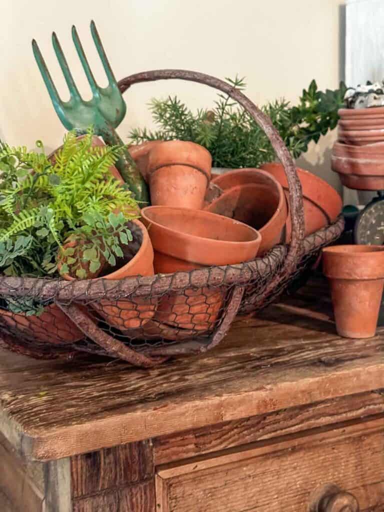 A rustic basket filled with terracotta pots and gardening tools sits on a wooden table. Small green plants and ferns peek out from the pots. Additional pots are stacked nearby, and a clock can be seen in the background.
