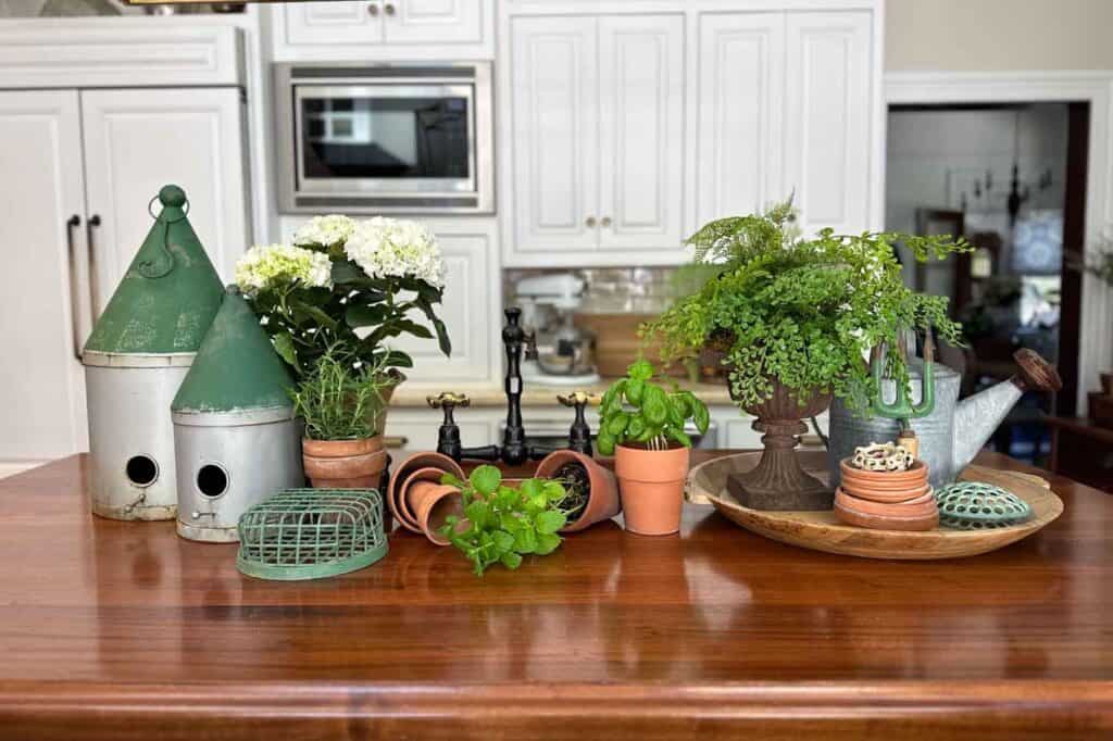 Kitchen island decorated with vintage garden decor indoors. Birdhouses, watering cans, clay pots and garden frogs.