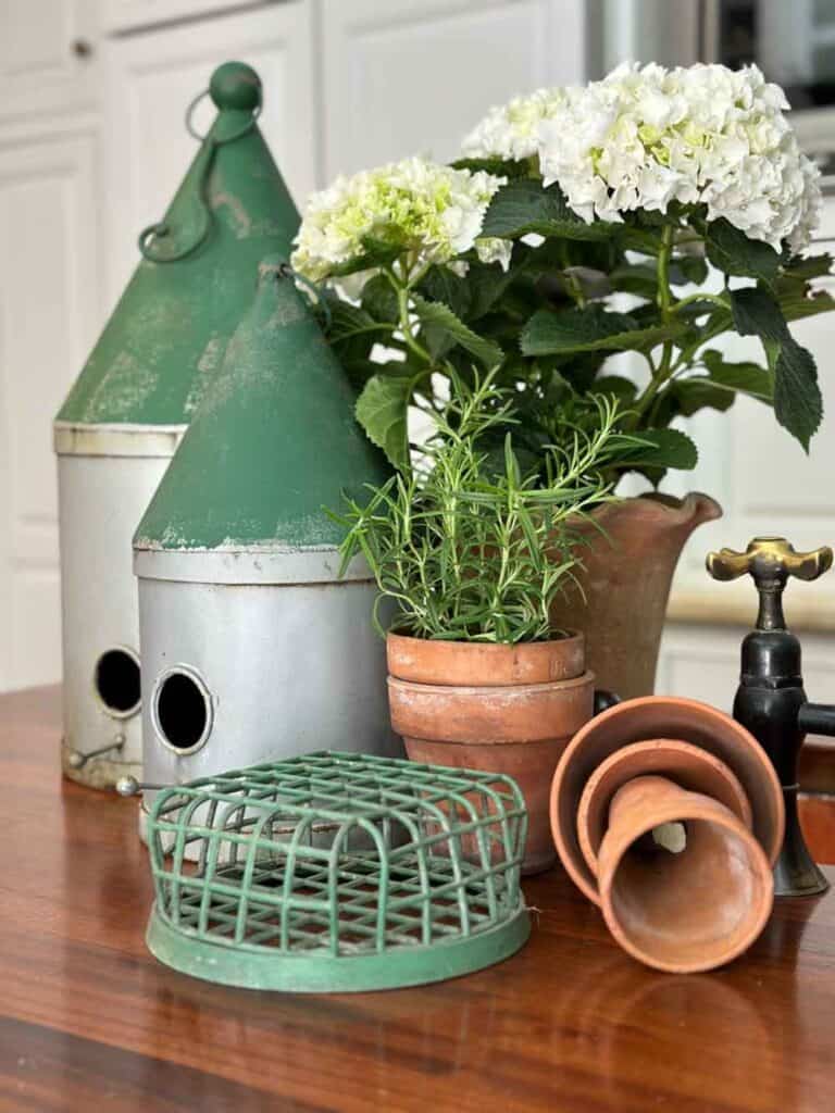 birdhouses on the kitchen counter with a vintage flower frog and clay pots