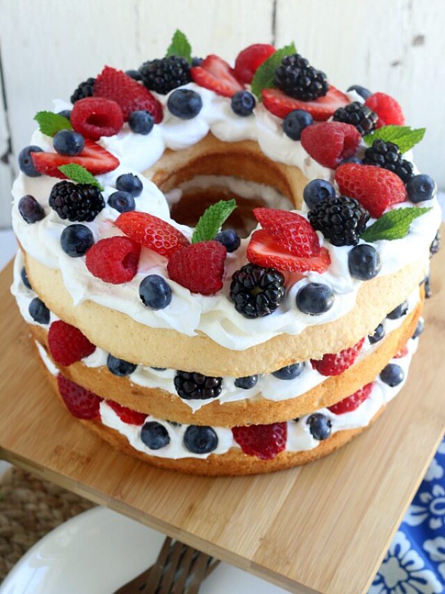 Angel food cake layered with blueberries and strawberries