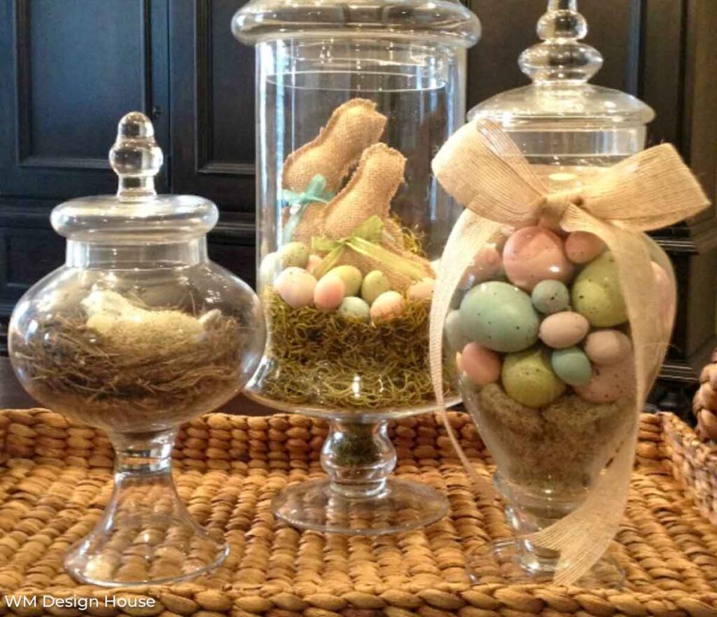 15 ways to style apothecary jars in the kitchen. Easter jars with bunnies, birds and easter eggs. 