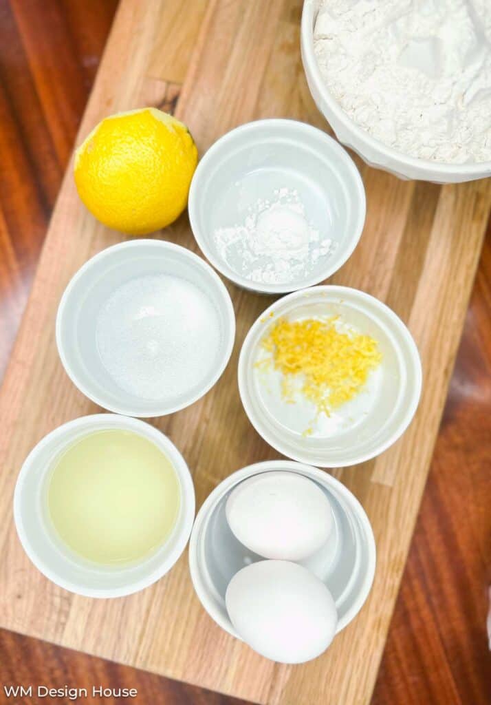 Nordstrom Lemon Ricotta Cookie Recipe- white dishes with lemon juice, eggs, zest, baking powder