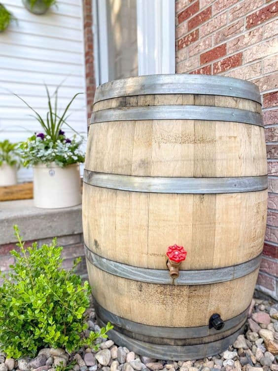 15 DIY projects for the summer.  a wine barrel being used to conserve water