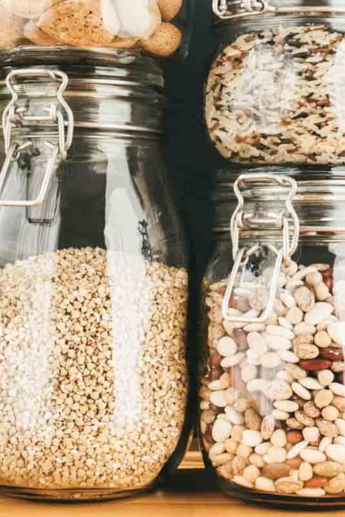 beans and rice in glass jars in the kitchen 