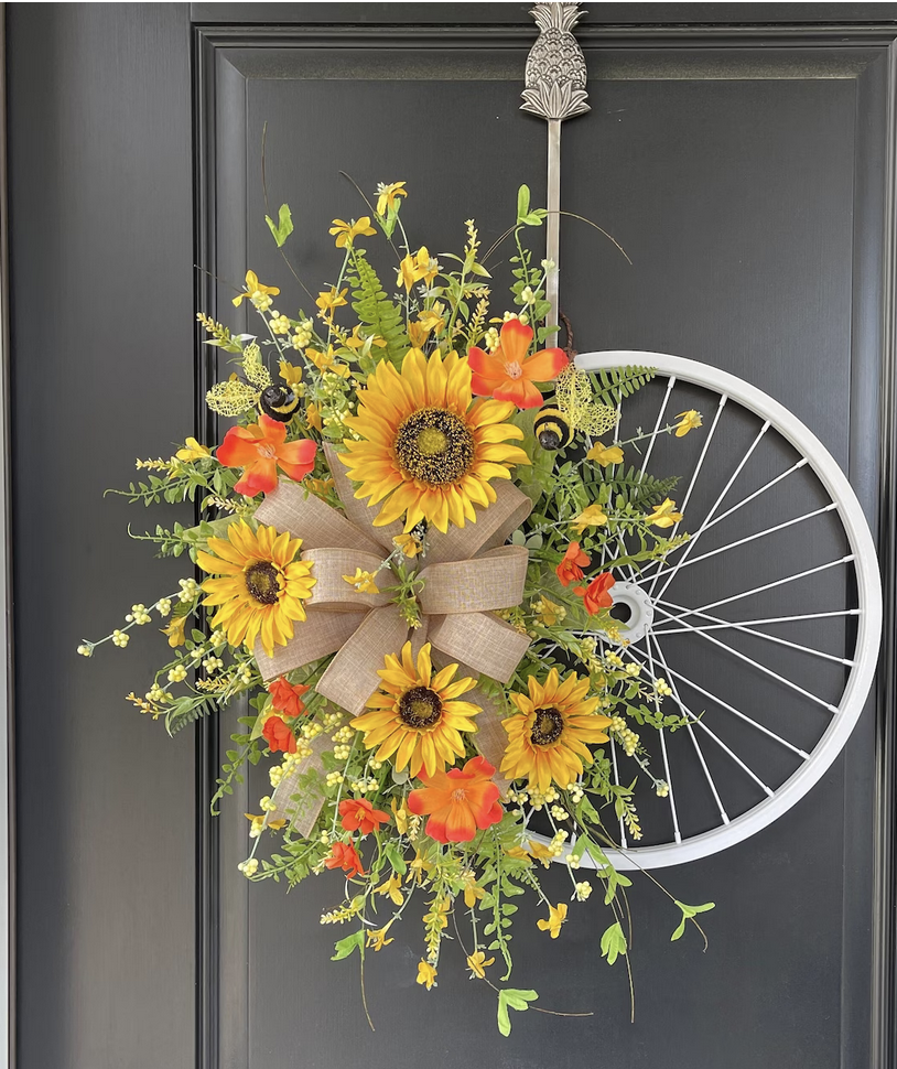 Spring wagon wheel wreath 