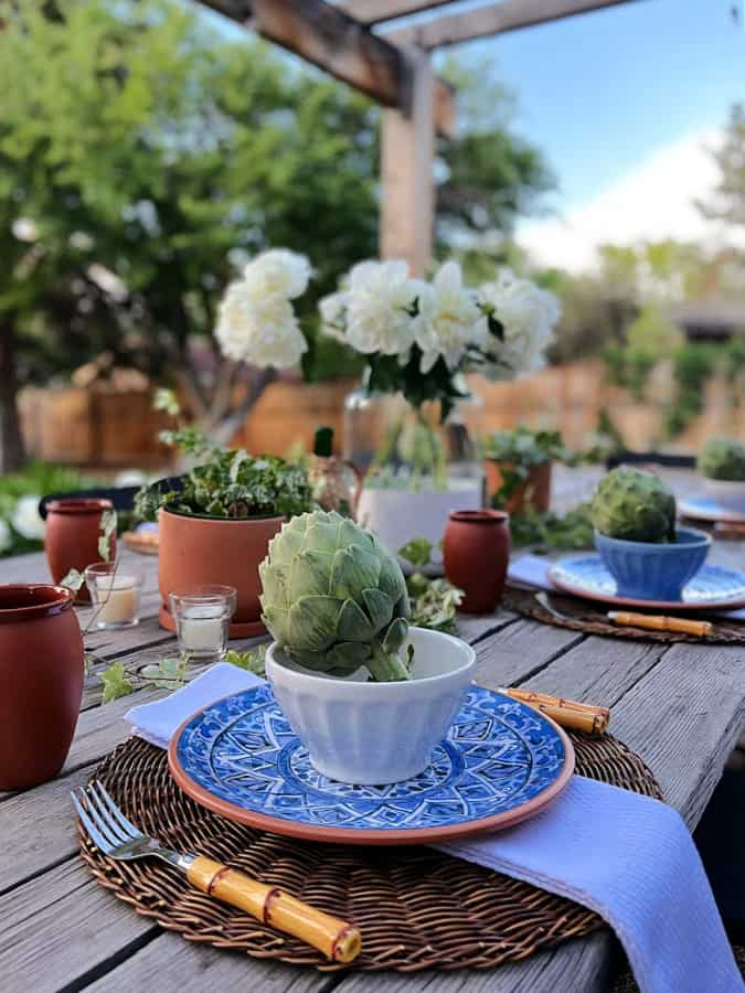 blue and terracotta tablescape 