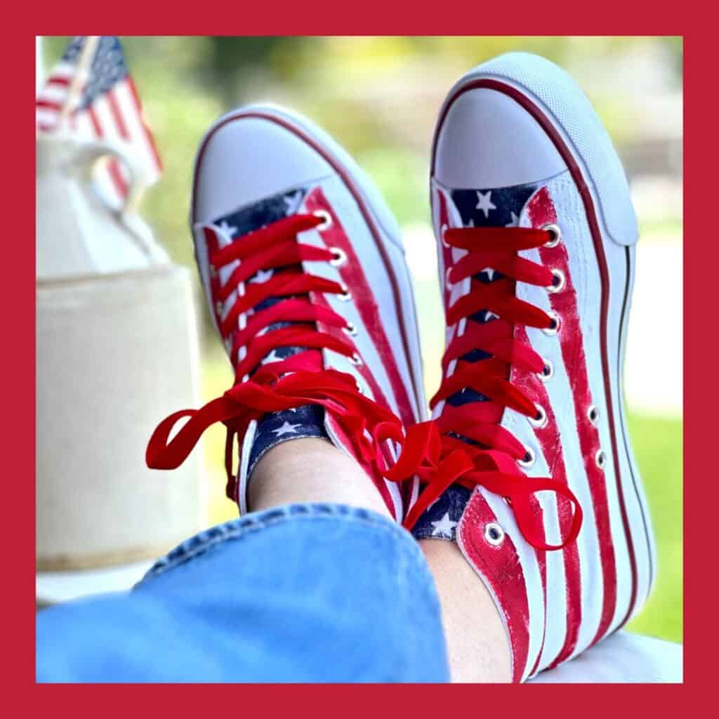 tennis shoes painted red, white and blue 