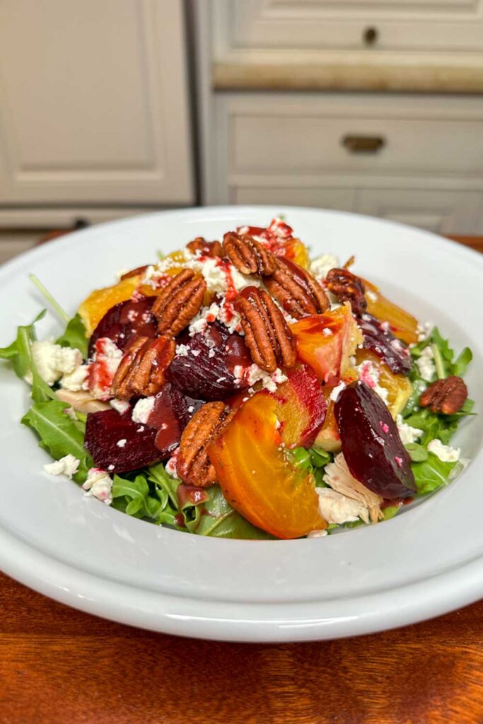 beet salad with chicken, nuts, blue cheese and balsamic dressing 