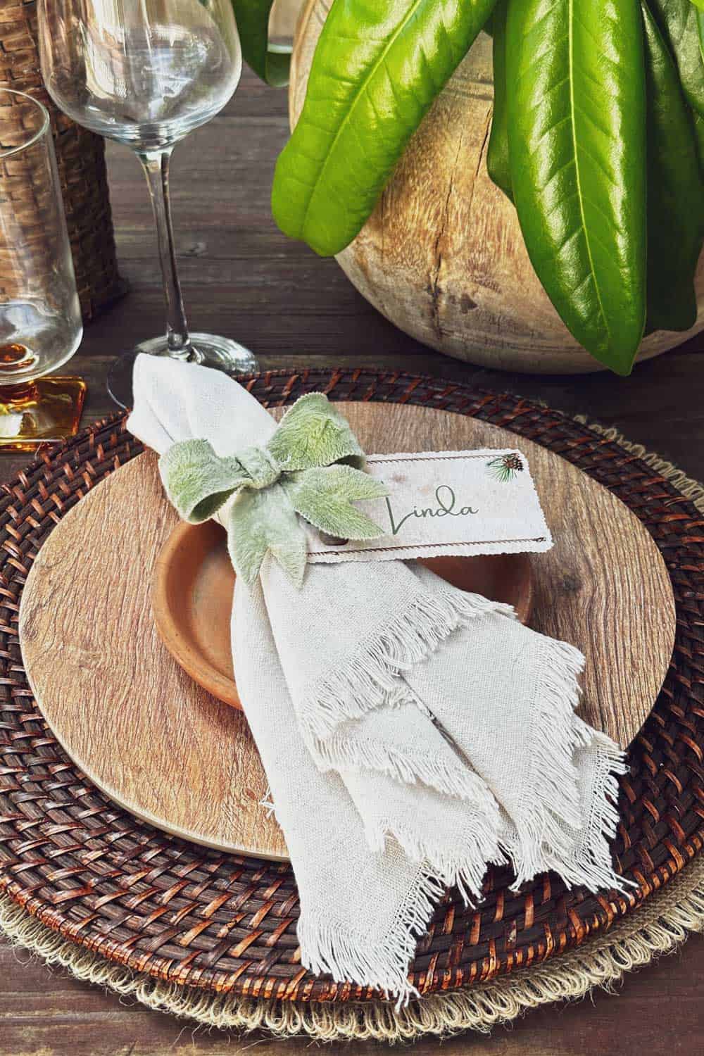 diy christmas place card holders- fresh lambs ear bow napkin ring