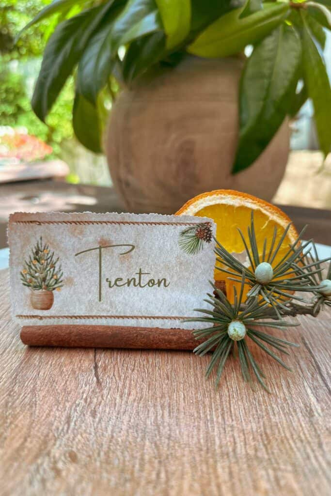 A rustic place card with the name "Trenton," decorated with illustrations of a small potted Christmas tree and pine branches, is displayed on a wooden table. The card is set with a sprig of pine and an orange slice in the background.