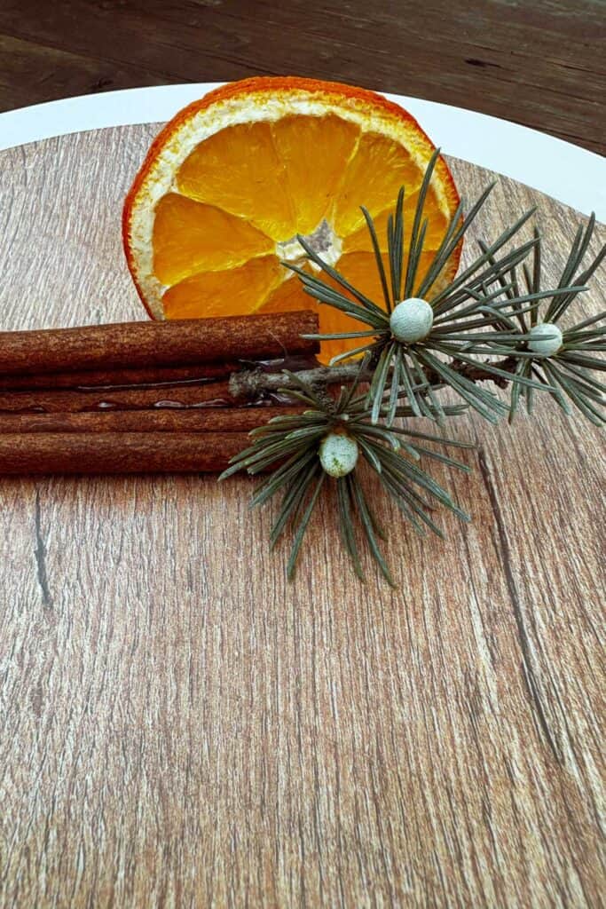 Cinnamon stick name card stand with fresh greens and a piece of dried orange.