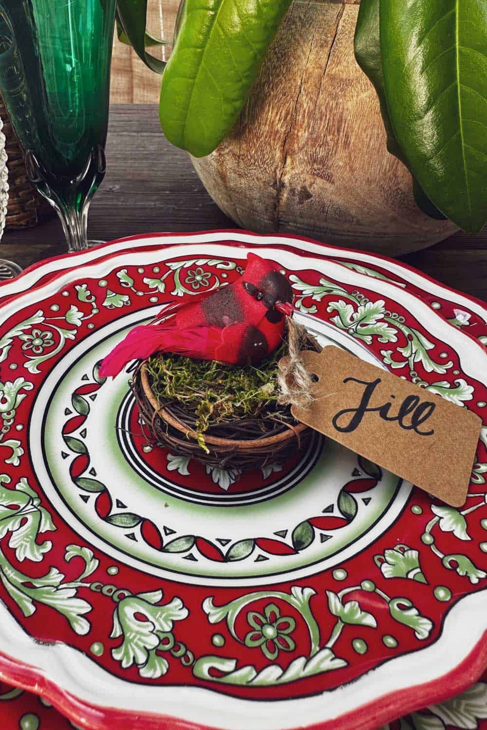 Bird's nest with a small name card attached for a place setting at Christmas 