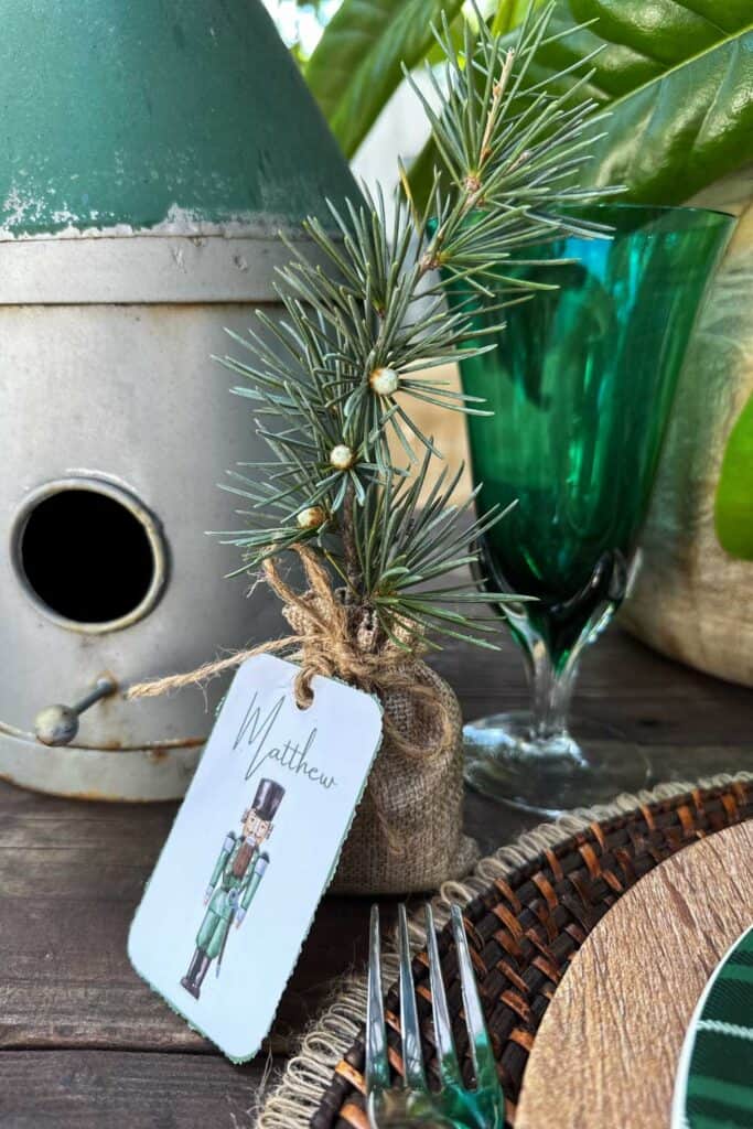 DIY Christmas Place Card Holders 
- branch of fresh greenery in a burlap bag to look like a tree. 