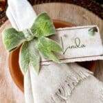diy christmas place card holders- fresh lambs ear bow napkin ring
