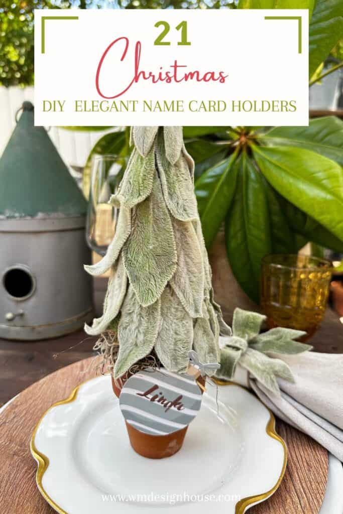 A pinterst pin for 21 DIY budget friendly name card holders for your Christmas dinner. 