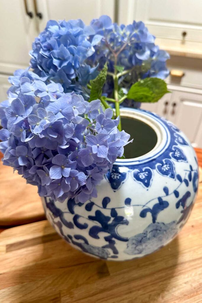 Hydrangea floral arranging in a blue and white vase with three stems of blue flowers 