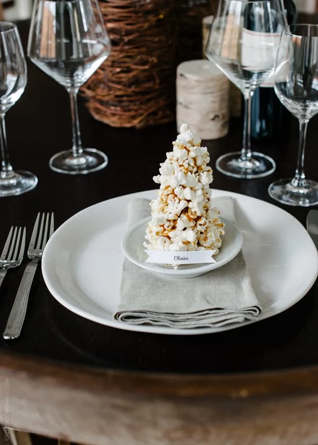 edible popcorn Christmas tree place card holder. 