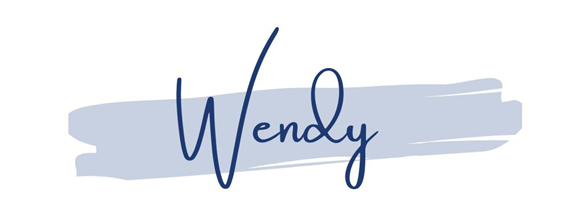 The image displays the name "Wendy" written in a stylish blue cursive font, laid over a light blue brushstroke background.