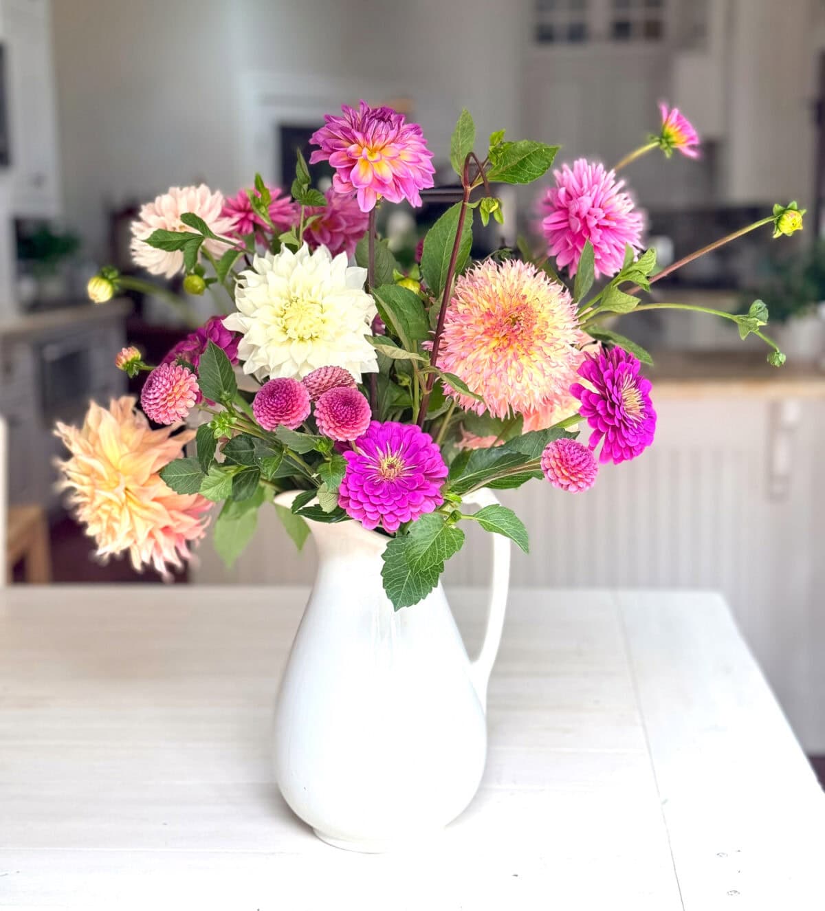 A white ceramic pitcher on a table holds a vibrant dahlia flower arrangement, featuring blooms in shades of pink, purple, white, and yellow accented by lush green leaves. The background is a softly lit, modern kitchen.