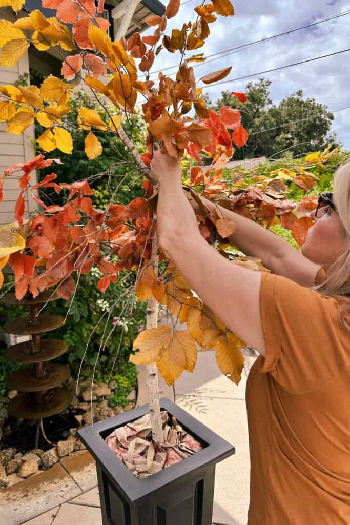 How to Make a Stunning DIY Faux Fall Tree That Looks Real- woman inserting preserved leaved into a tree trunk to make a fall faux tree