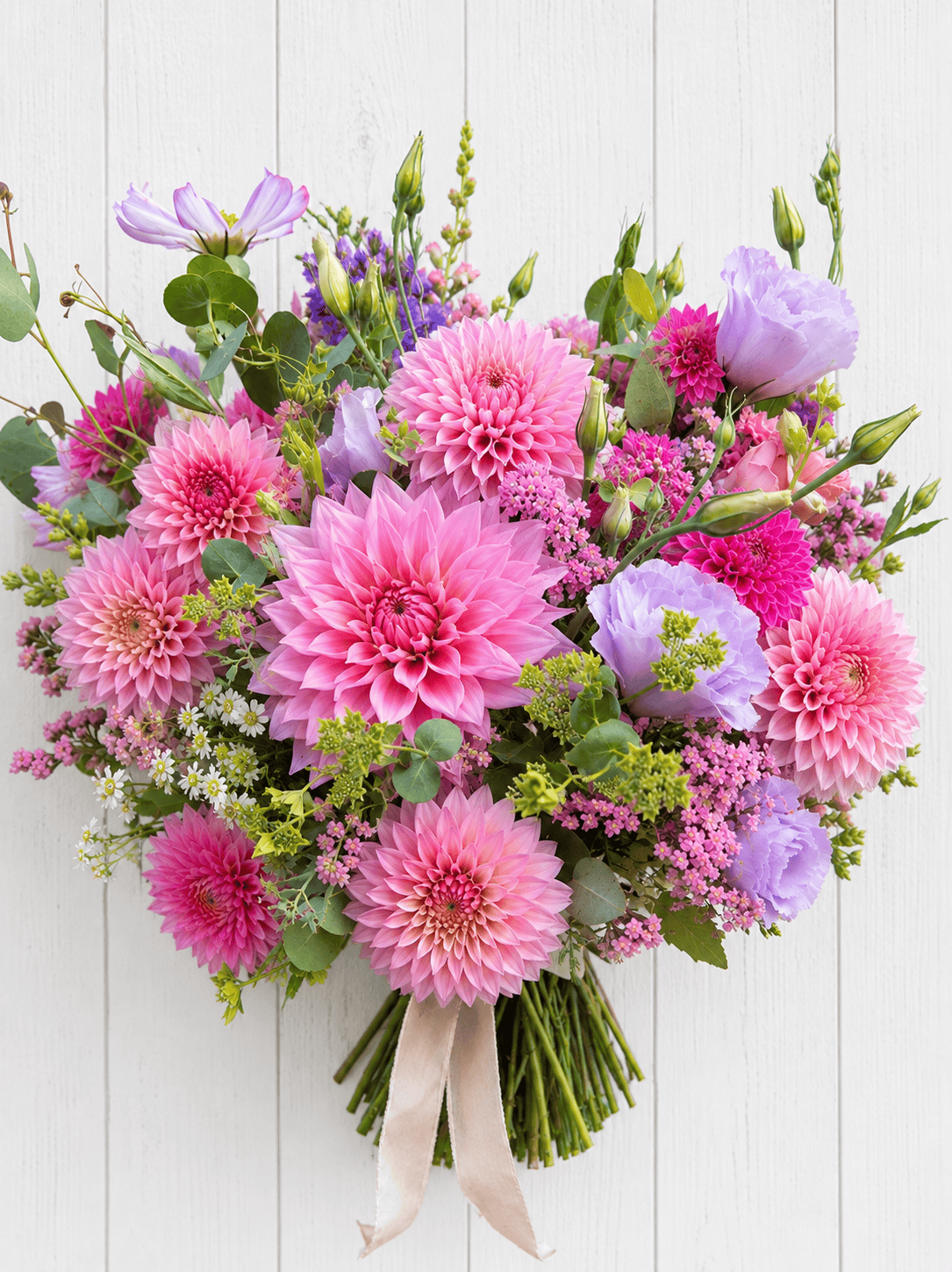 A bouquet of pink dahlias, purple lisianthus, and assorted greenery tied with a pale ribbon, set against a white wooden background—perfect for those who appreciate elegant dahlia flower arrangements.