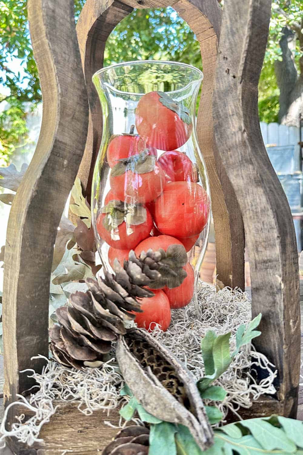 Wood lantern with a glass hurricane filled with persimmons and pine cones for a fall decoration.