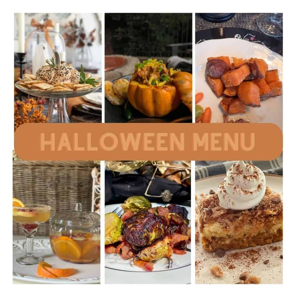 Halloween Menu card with six images from salad to dessert for halloween 