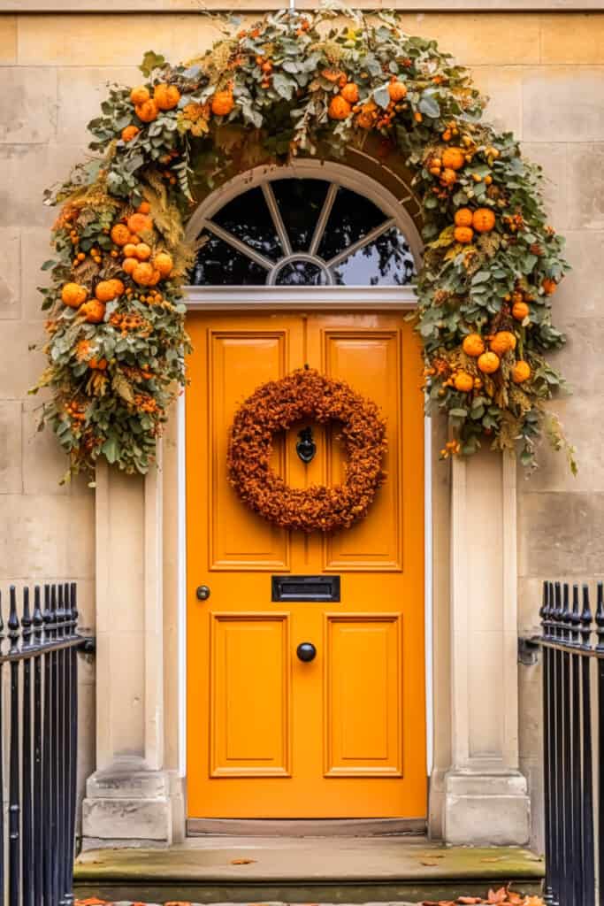 Front door with garland for fall decorations 