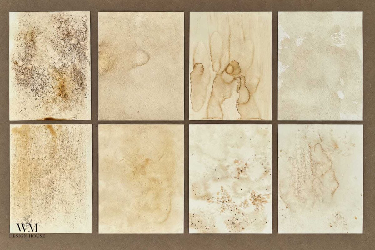 Eight aged, stained paper textures are arranged in two rows of four on a brown background, each with unique marks like water stains, splatters, and discolorations reminiscent of experimenting with how to make coffee paper. The bottom left features a “WM DESIGN HOUSE” logo.