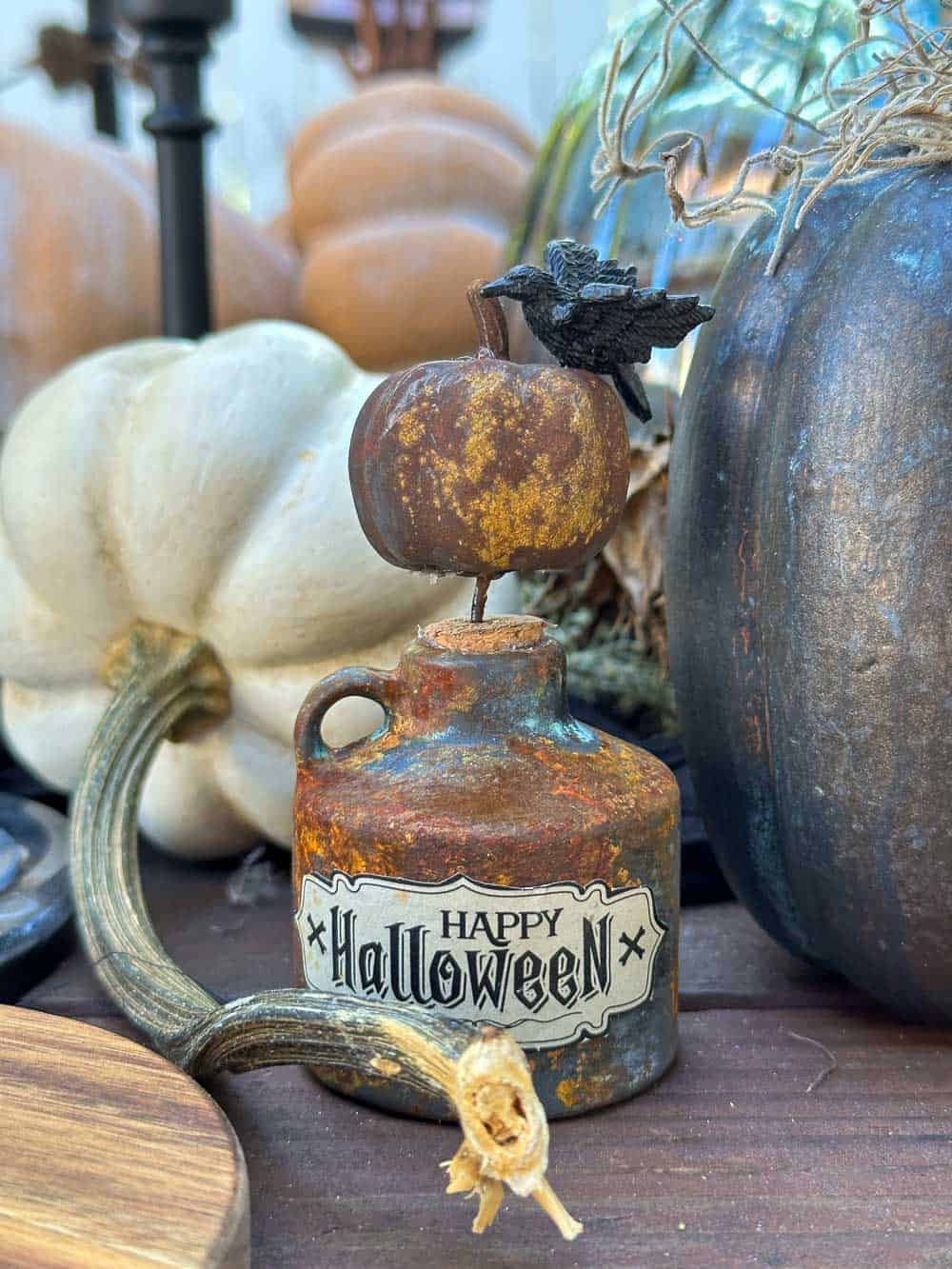 Rusty bottle favor is used as a decoration with an apothecary label.