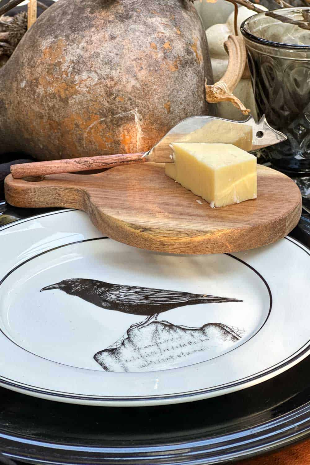 Halloween plate with a crow as part of a Halloween tablescape