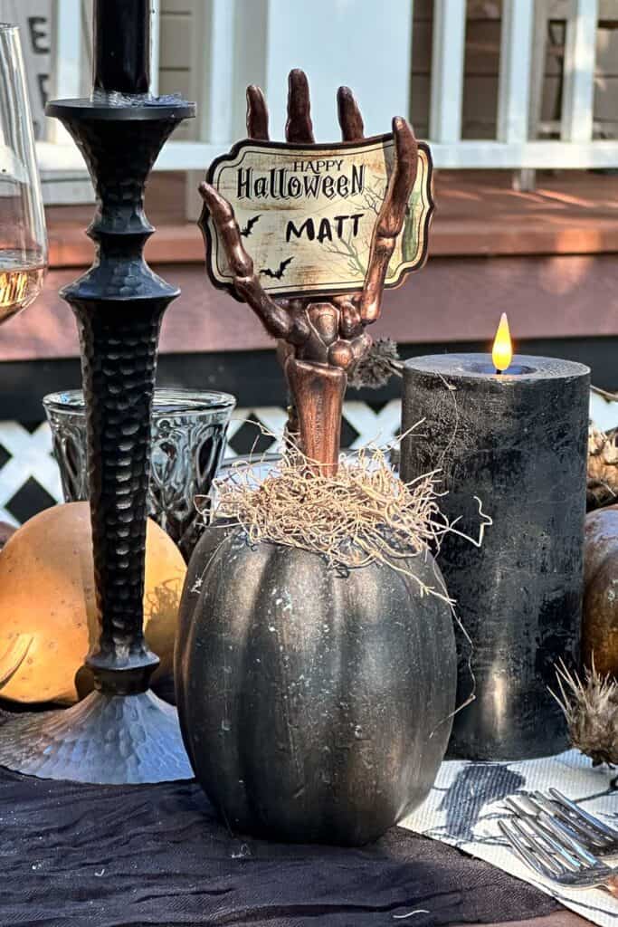 DIY Halloween place card holder using a patina technique from WM Design House