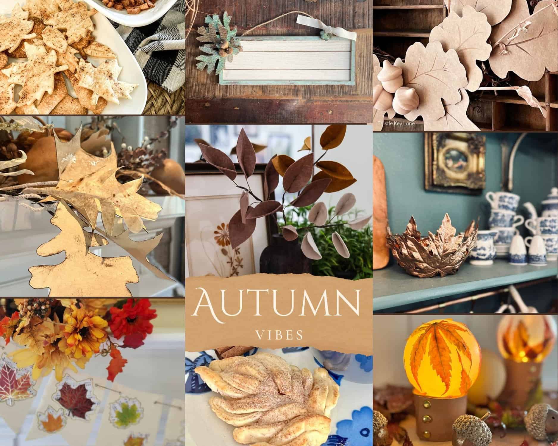 collage of leaf crafts and leaf-shaped fall recipes