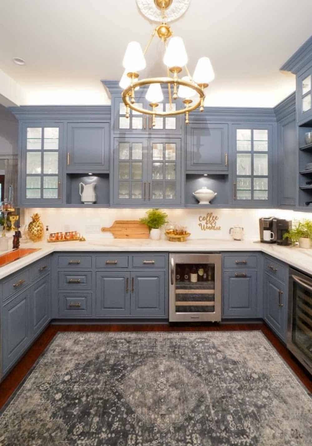 Blue grey cabinets in a kitchen
