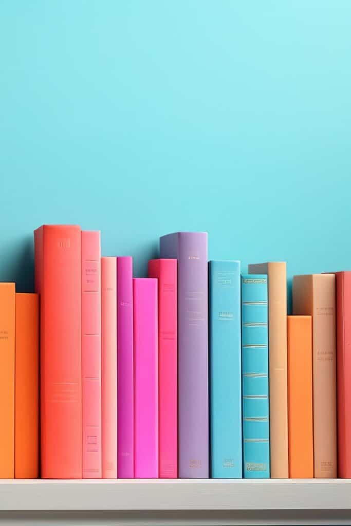 A selection of colorful books to add a pop of color on a shelf. 