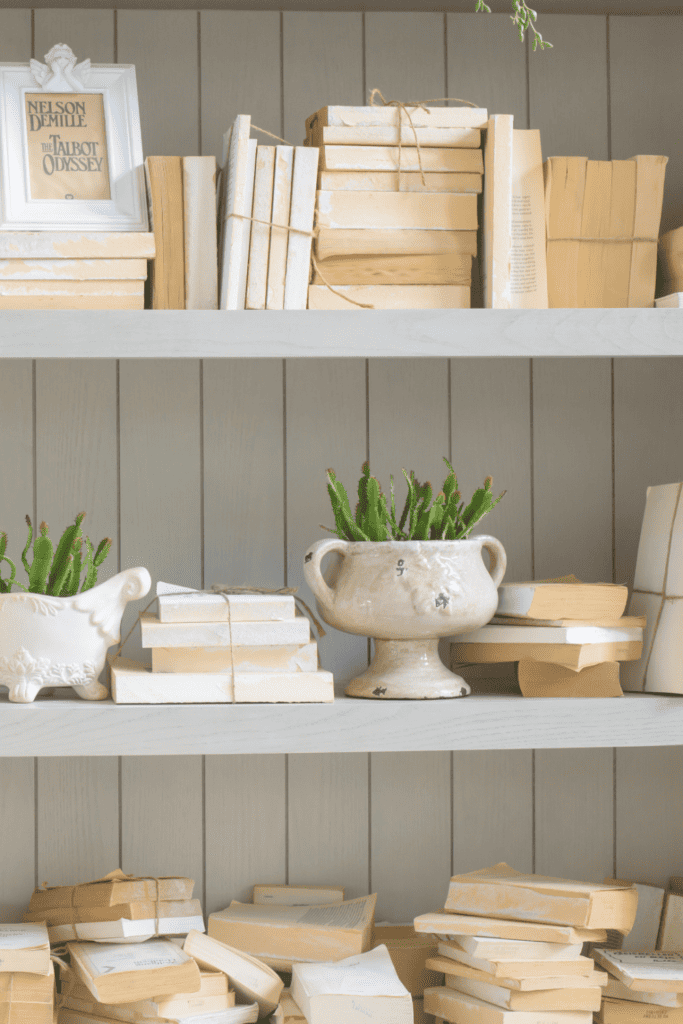 Neutral book decor  on white shelves with white dishes,