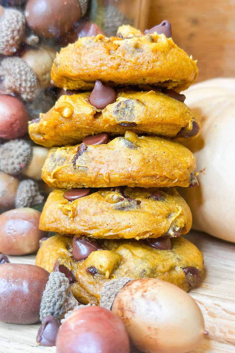 3 ingredient pumpkin and chocolate chip cookies stacked.