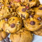 3 ingredient pumpkin cookies with chocolate chips and pecans on a plate
