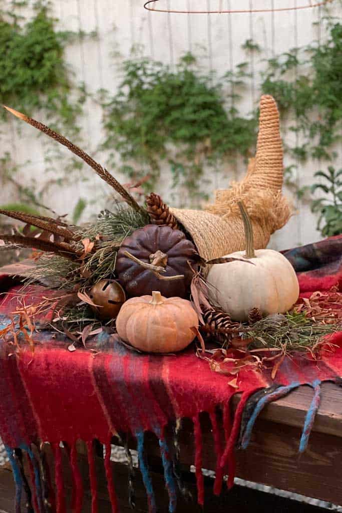 A rustic autumnal scene features a DIY rope cornucopia with assorted pumpkins, pinecones, feathers, and dried leaves on a red plaid blanket. In the background, a white wooden fence is partially covered with green vine foliage. The setting evokes a cozy fall atmosphere.